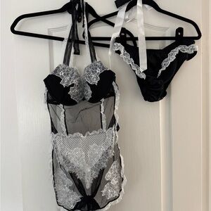 Elegant Black and White Lace Lingerie Set